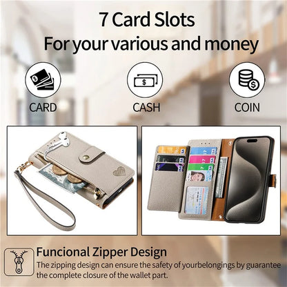 For iPhone 15 Pro Wallet Case RFID Blocking Zipper Pocket Phone Leather Cover