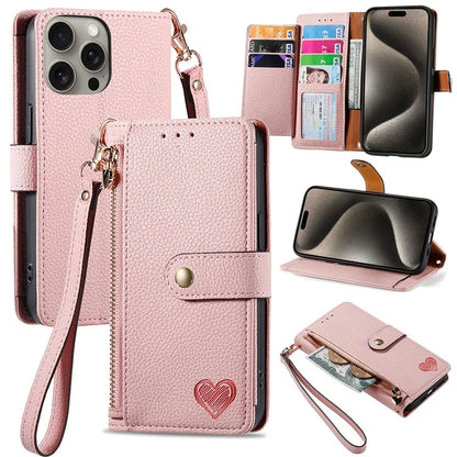 For iPhone 15 Pro Wallet Case RFID Blocking Zipper Pocket Phone Leather Cover