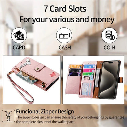 For iPhone 15 Pro Wallet Case RFID Blocking Zipper Pocket Phone Leather Cover