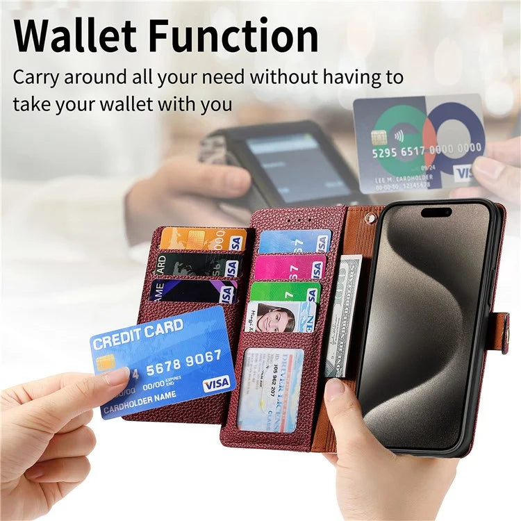 For iPhone 15 Pro Wallet Case RFID Blocking Zipper Pocket Phone Leather Cover