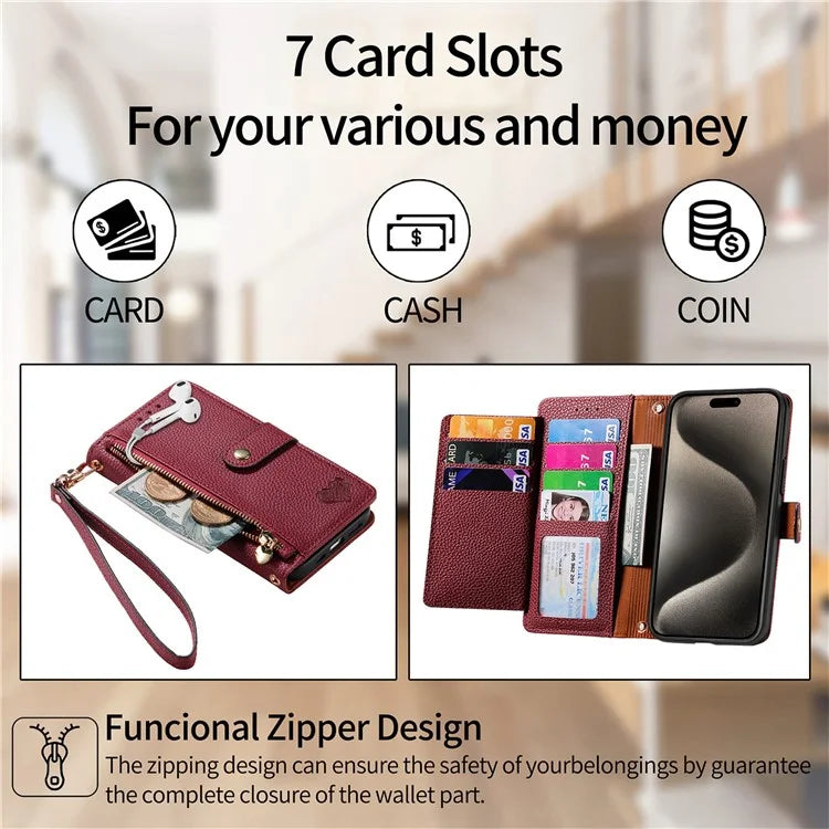 For iPhone 15 Pro Wallet Case RFID Blocking Zipper Pocket Phone Leather Cover