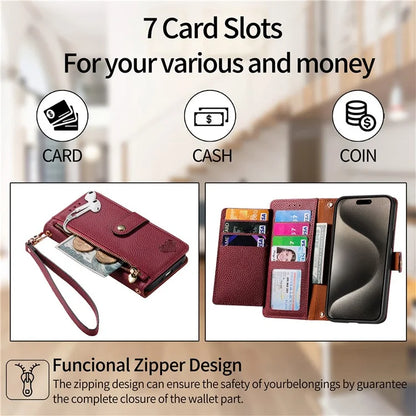 For iPhone 15 Pro Wallet Case RFID Blocking Zipper Pocket Phone Leather Cover
