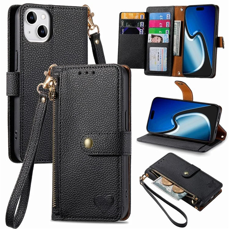 For iPhone 15 Plus Zipper Phone Case RFID Blocking Wallet Leather Cover with Strap