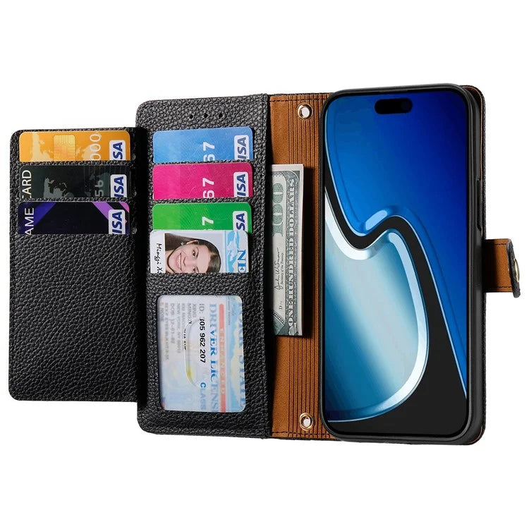 For iPhone 15 Plus Zipper Phone Case RFID Blocking Wallet Leather Cover with Strap
