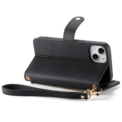 For iPhone 15 Plus Zipper Phone Case RFID Blocking Wallet Leather Cover with Strap