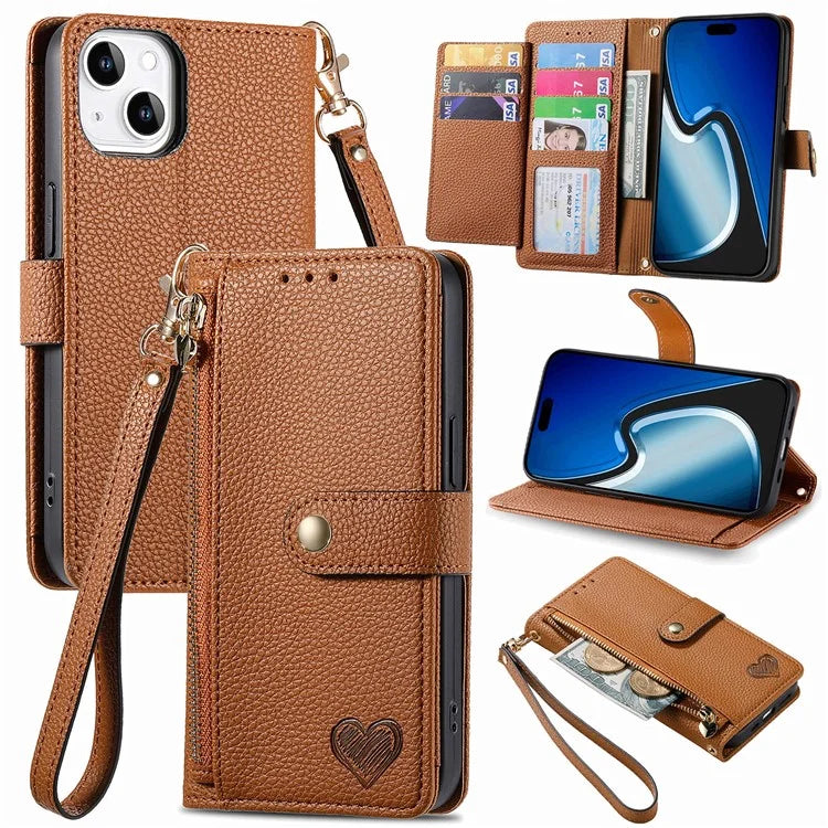 For iPhone 15 Plus Zipper Phone Case RFID Blocking Wallet Leather Cover with Strap