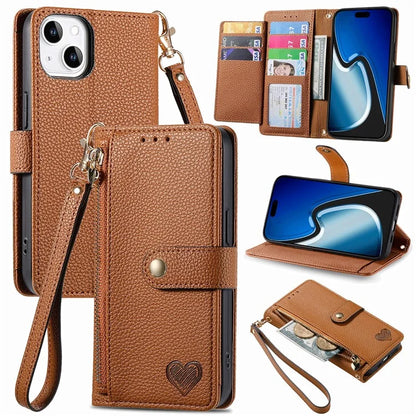 For iPhone 15 Plus Zipper Phone Case RFID Blocking Wallet Leather Cover with Strap