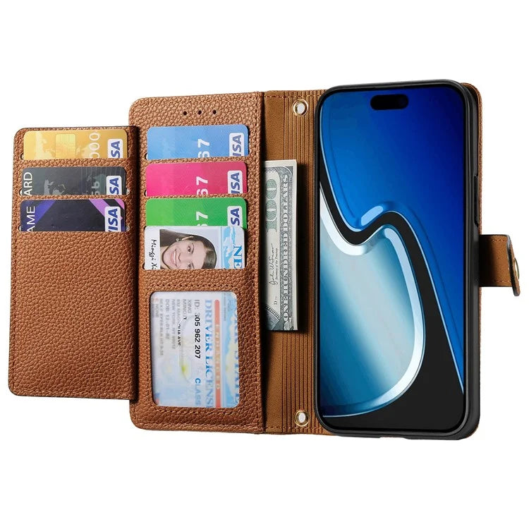 For iPhone 15 Plus Zipper Phone Case RFID Blocking Wallet Leather Cover with Strap