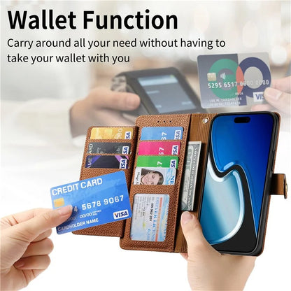 For iPhone 15 Plus Zipper Phone Case RFID Blocking Wallet Leather Cover with Strap