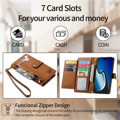 For iPhone 15 Plus Zipper Phone Case RFID Blocking Wallet Leather Cover with Strap