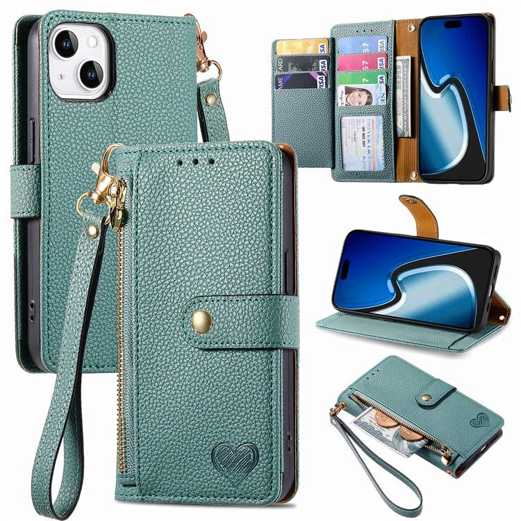 For iPhone 15 Plus Zipper Phone Case RFID Blocking Wallet Leather Cover with Strap