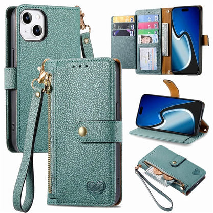For iPhone 15 Plus Zipper Phone Case RFID Blocking Wallet Leather Cover with Strap
