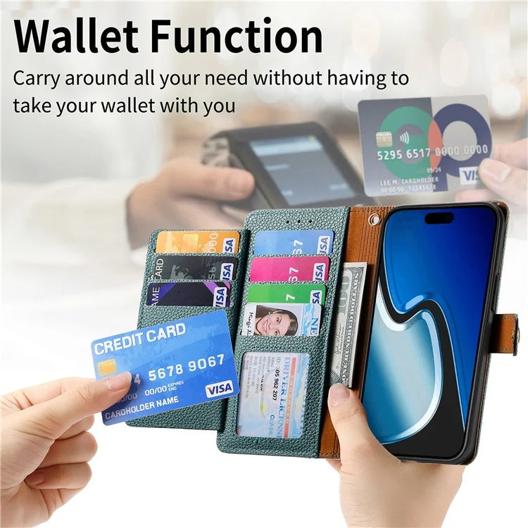 For iPhone 15 Plus Zipper Phone Case RFID Blocking Wallet Leather Cover with Strap