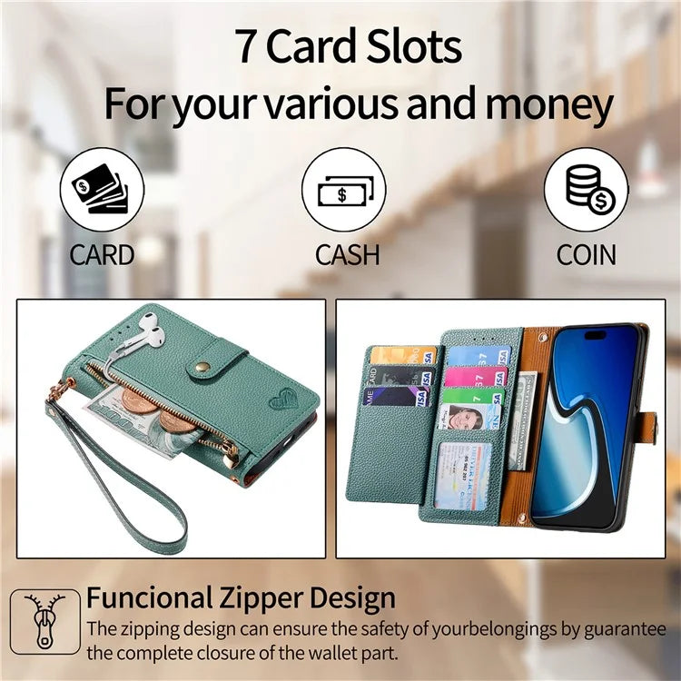 For iPhone 15 Plus Zipper Phone Case RFID Blocking Wallet Leather Cover with Strap