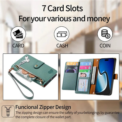 For iPhone 15 Plus Zipper Phone Case RFID Blocking Wallet Leather Cover with Strap