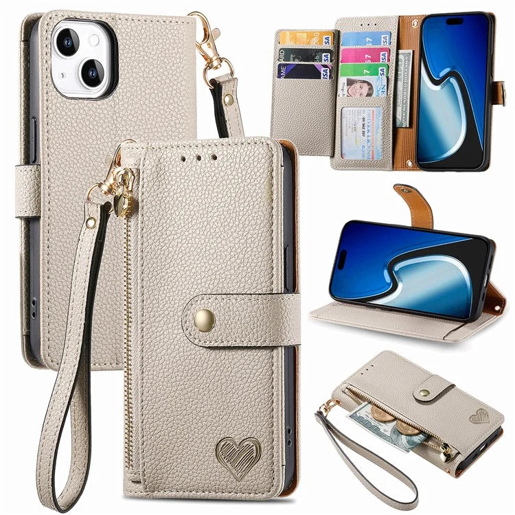 For iPhone 15 Plus Zipper Phone Case RFID Blocking Wallet Leather Cover with Strap