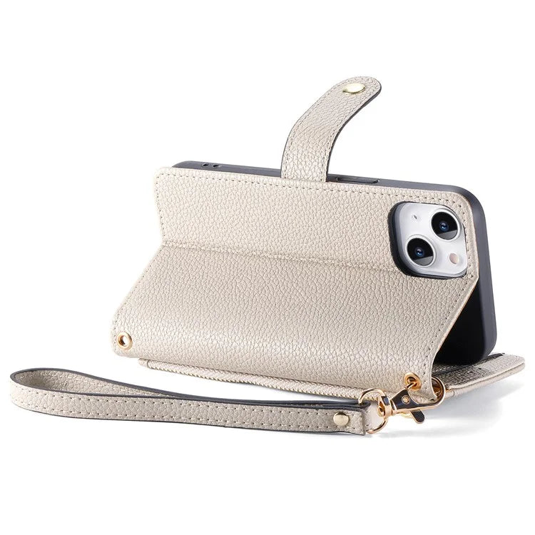 For iPhone 15 Plus Zipper Phone Case RFID Blocking Wallet Leather Cover with Strap
