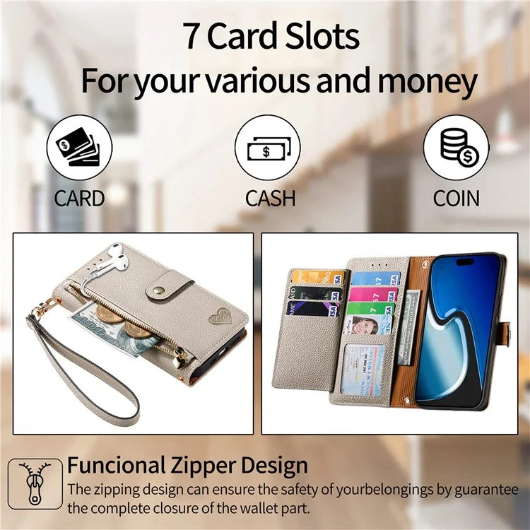 For iPhone 15 Plus Zipper Phone Case RFID Blocking Wallet Leather Cover with Strap