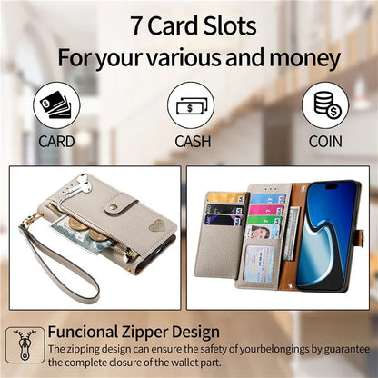 For iPhone 15 Plus Zipper Phone Case RFID Blocking Wallet Leather Cover with Strap