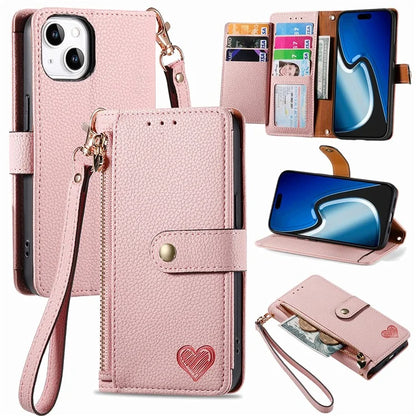 For iPhone 15 Plus Zipper Phone Case RFID Blocking Wallet Leather Cover with Strap