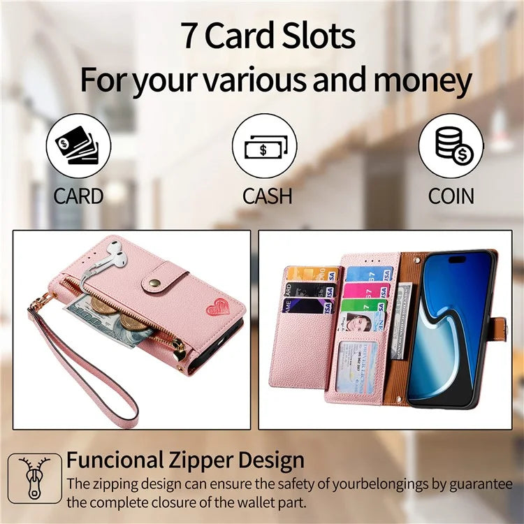 For iPhone 15 Plus Zipper Phone Case RFID Blocking Wallet Leather Cover with Strap