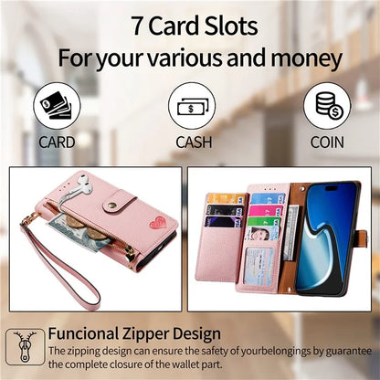 For iPhone 15 Plus Zipper Phone Case RFID Blocking Wallet Leather Cover with Strap