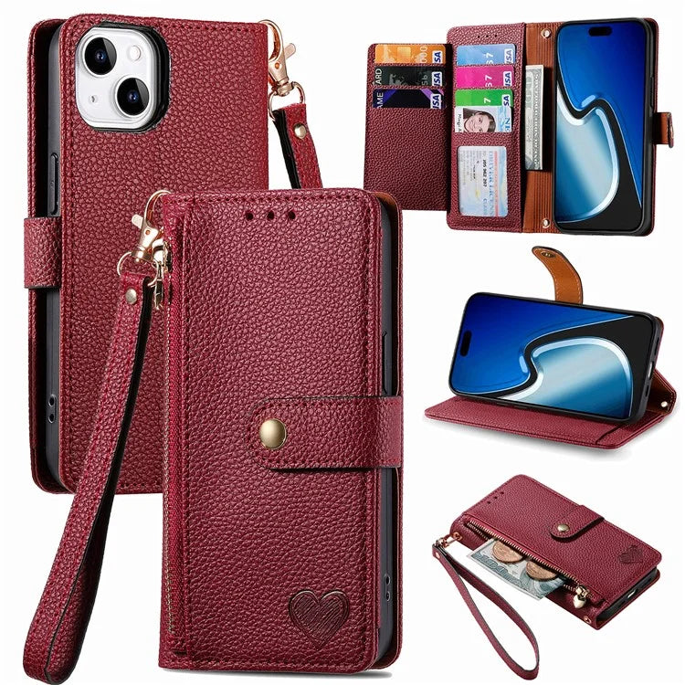 For iPhone 15 Plus Zipper Phone Case RFID Blocking Wallet Leather Cover with Strap