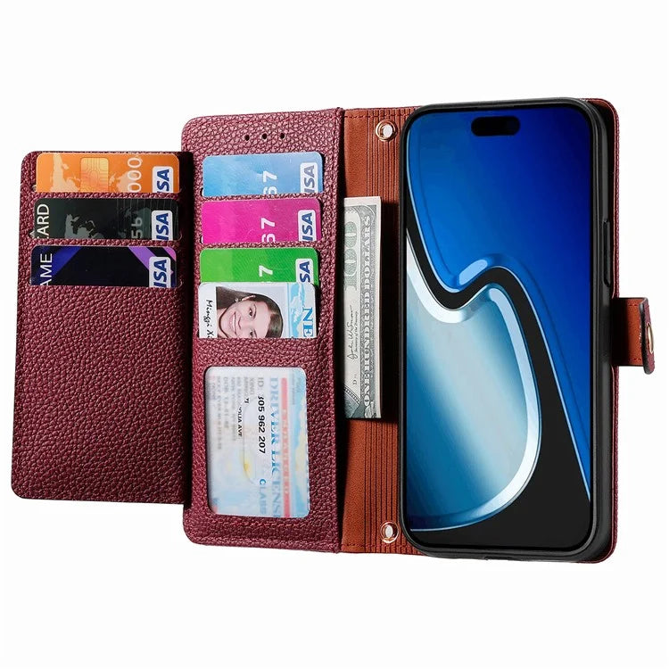 For iPhone 15 Plus Zipper Phone Case RFID Blocking Wallet Leather Cover with Strap