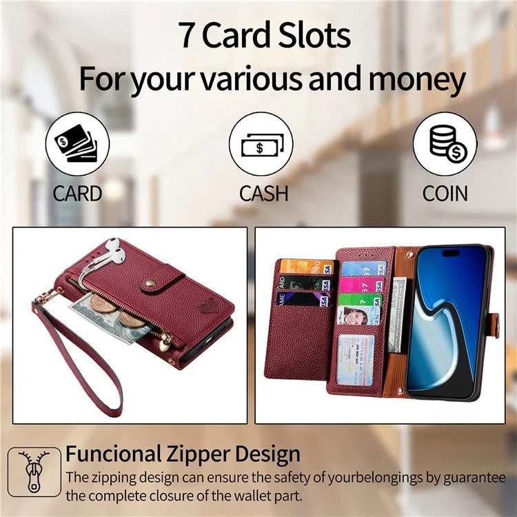 For iPhone 15 Plus Zipper Phone Case RFID Blocking Wallet Leather Cover with Strap
