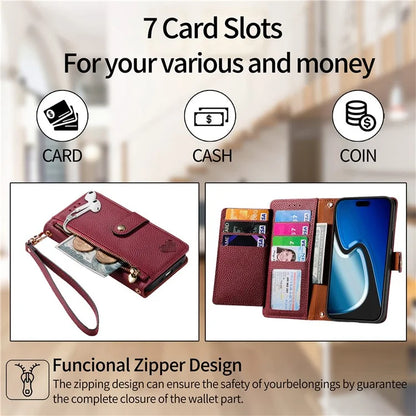 For iPhone 15 Plus Zipper Phone Case RFID Blocking Wallet Leather Cover with Strap