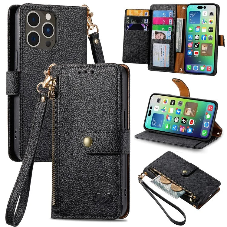 For iPhone 14 Pro Leather Case Zipper Wallet Imprinted Heart Shape Phone Cover
