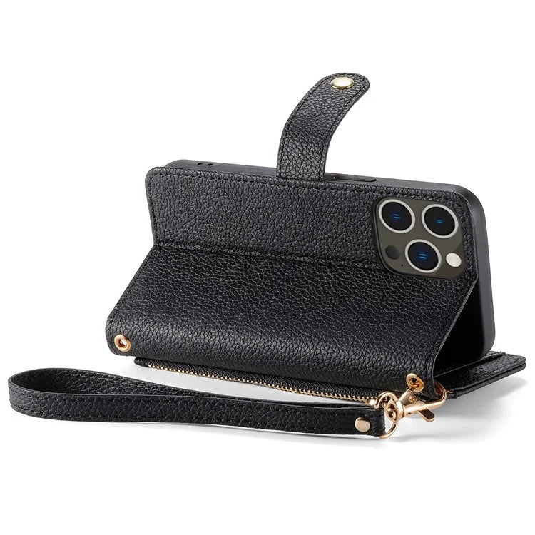 For iPhone 14 Pro Leather Case Zipper Wallet Imprinted Heart Shape Phone Cover