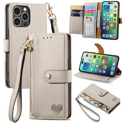 For iPhone 14 Pro Leather Case Zipper Wallet Imprinted Heart Shape Phone Cover