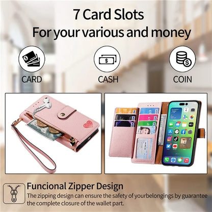 For iPhone 14 Pro Leather Case Zipper Wallet Imprinted Heart Shape Phone Cover