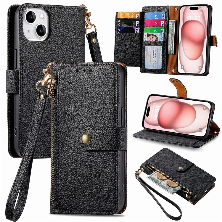 For iPhone 15 Leather Phone Case with RFID Blocking Zipper Wallet