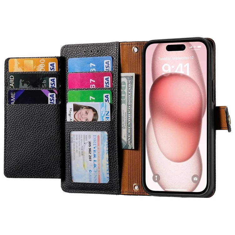 For iPhone 15 Leather Phone Case with RFID Blocking Zipper Wallet