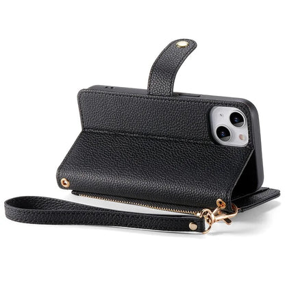 For iPhone 15 Leather Phone Case with RFID Blocking Zipper Wallet