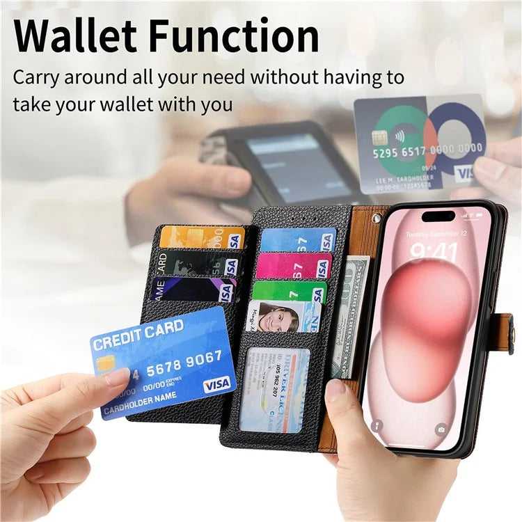 For iPhone 15 Leather Phone Case with RFID Blocking Zipper Wallet