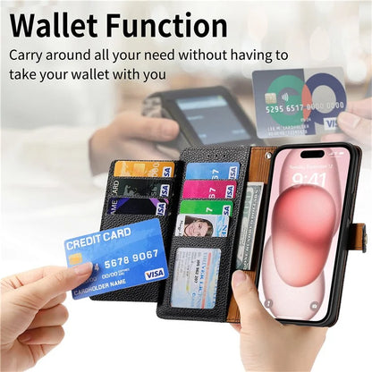 For iPhone 15 Leather Phone Case with RFID Blocking Zipper Wallet