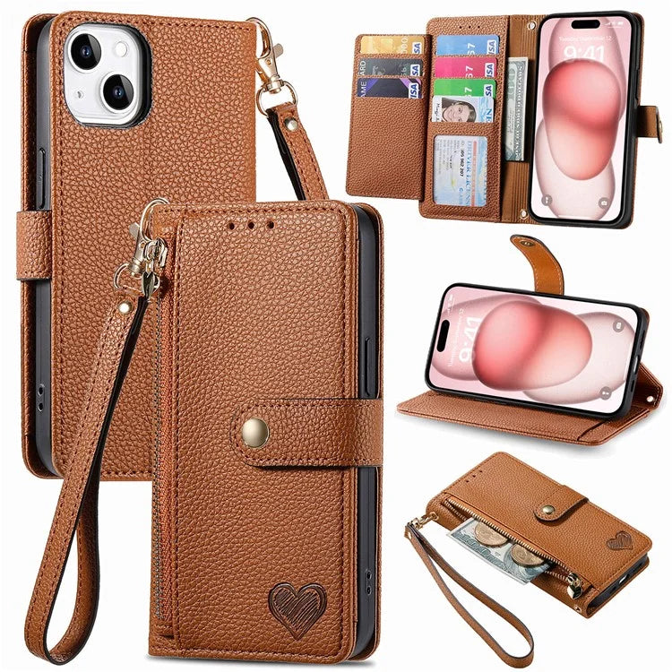 For iPhone 15 Leather Phone Case with RFID Blocking Zipper Wallet