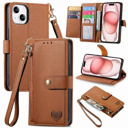 For iPhone 15 Leather Phone Case with RFID Blocking Zipper Wallet