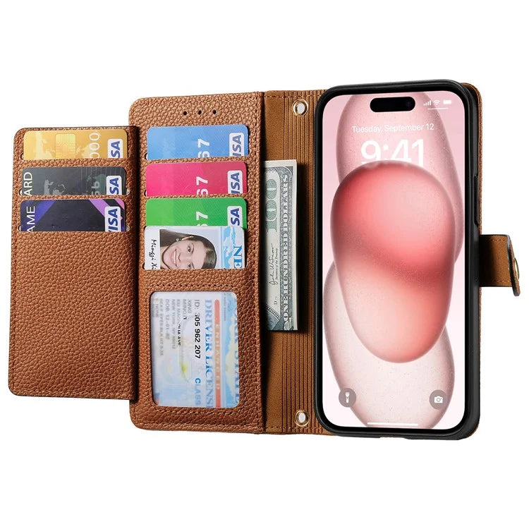 For iPhone 15 Leather Phone Case with RFID Blocking Zipper Wallet