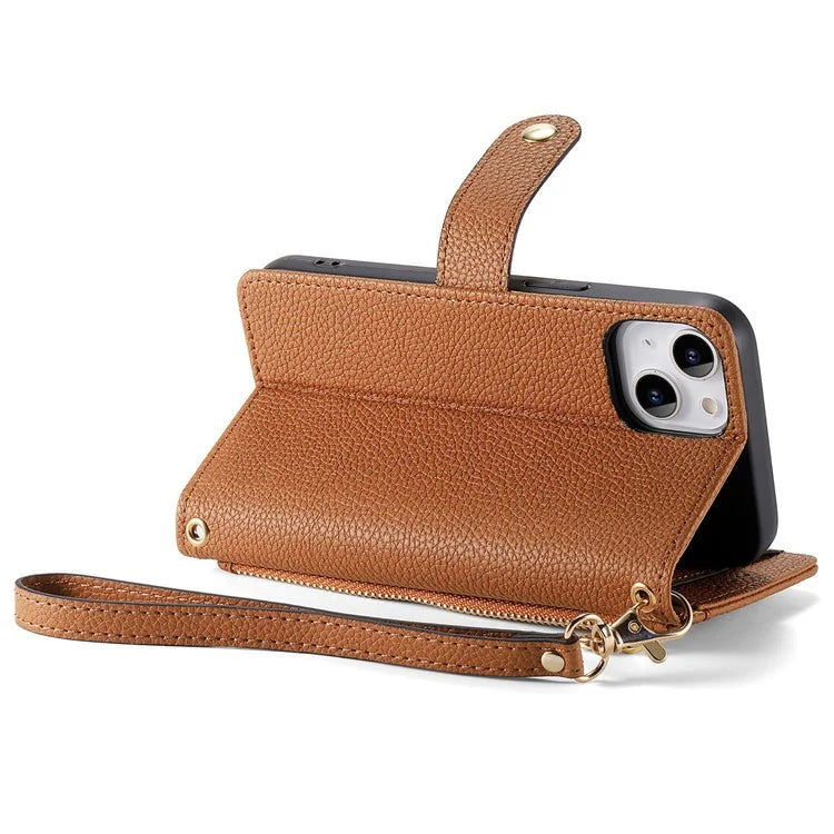 For iPhone 15 Leather Phone Case with RFID Blocking Zipper Wallet