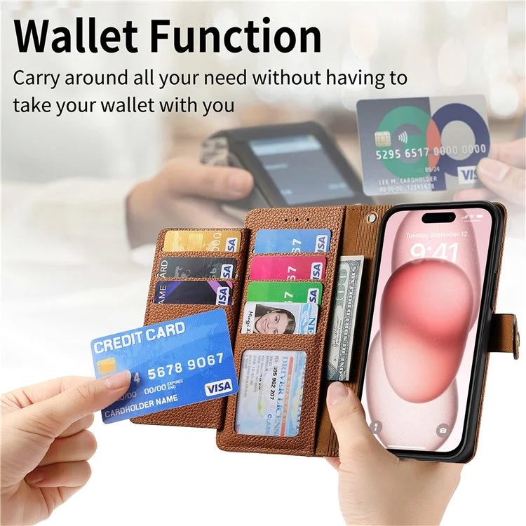 For iPhone 15 Leather Phone Case with RFID Blocking Zipper Wallet