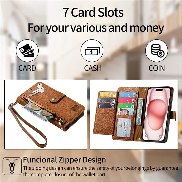For iPhone 15 Leather Phone Case with RFID Blocking Zipper Wallet
