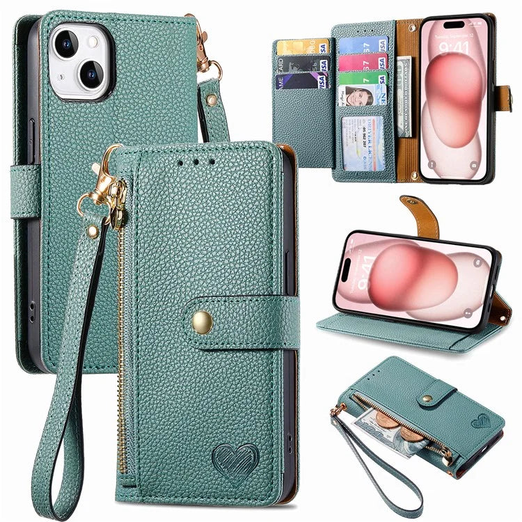 For iPhone 15 Leather Phone Case with RFID Blocking Zipper Wallet