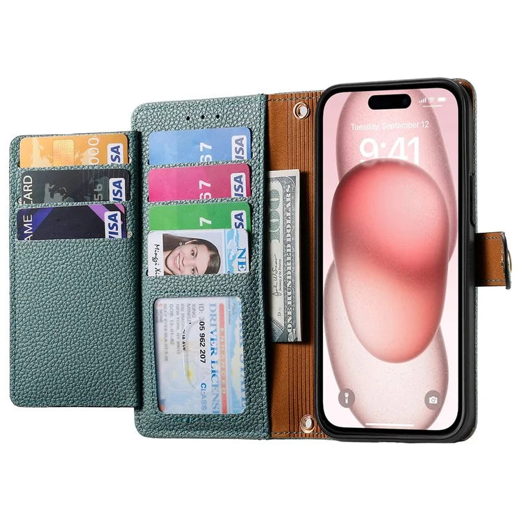 For iPhone 15 Leather Phone Case with RFID Blocking Zipper Wallet