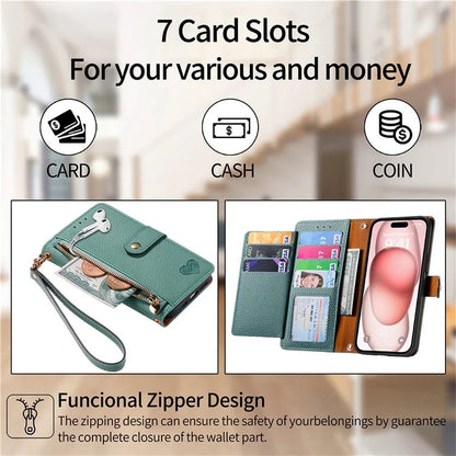For iPhone 15 Leather Phone Case with RFID Blocking Zipper Wallet