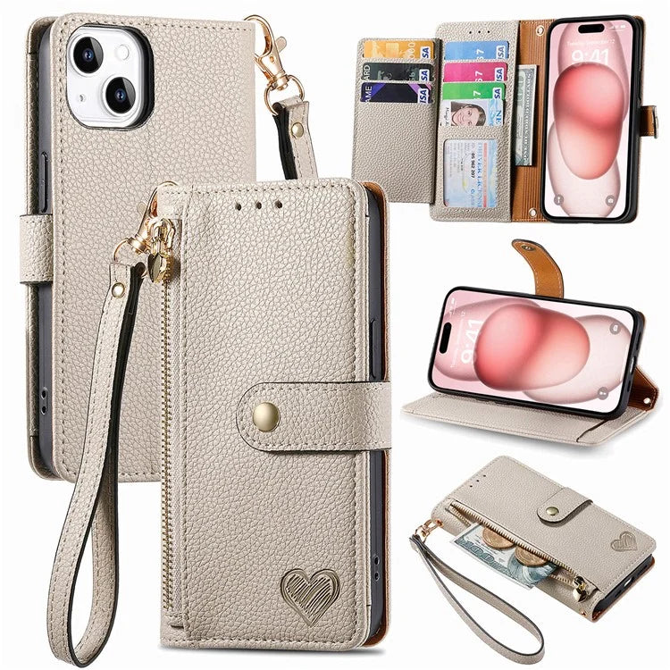 For iPhone 15 Leather Phone Case with RFID Blocking Zipper Wallet