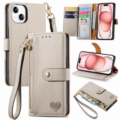 For iPhone 15 Leather Phone Case with RFID Blocking Zipper Wallet